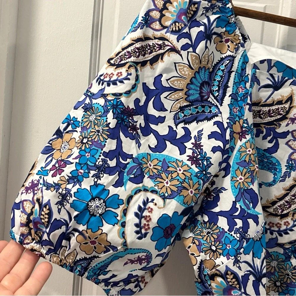 Talbots Blue, White and Tan Paisley Floral Square-Neck Blouse - Picture 4 of 9